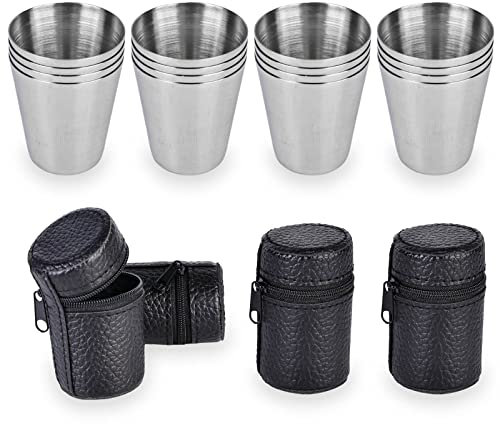 Verre à Shot en Acier Inoxydable, 16 Pcs 30 ml Mini Gobelet Inox Camping Verres à Liqueur vec 4 Pcs Étui en Cuir, Tasses à Liqueur en Acier Inoxydable pour Voyage Camping Boisson à Boire Biere Whisky