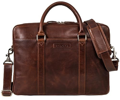 STILORD 'Caleb' Laptoptasche 16 Zoll Leder Vintage Umhängetasche mit Laptop-Fach Damen Tasche Herren Businesstasche groß Aktentasche Echtleder, Farbe:sonora - cognac