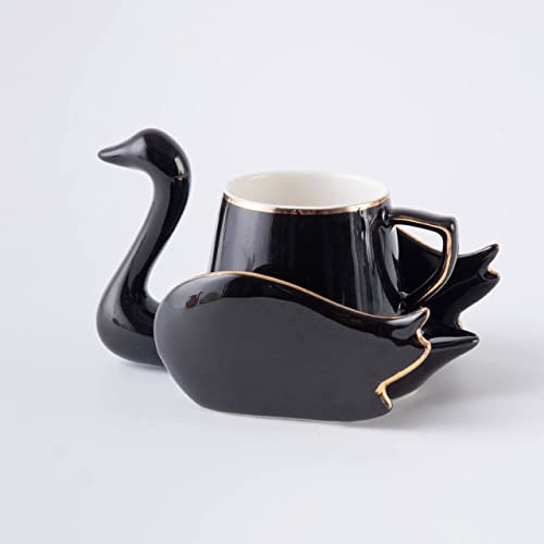 Hosoncovy Keramik Schwan Kaffeetasse und Untersetzer Set Kaffeetasse Tasse und Untertasse Set Teetasse Set Drink Cup Set für Heimküche für Geschenk (Schwarz)