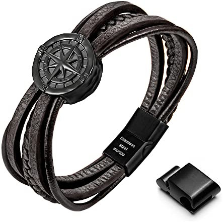 murtoo armband herren, lederarmband herren,armband herren leder, herren armband, braunes armband,kompass armband,schmuck herren(braun,schwarz,22cm)