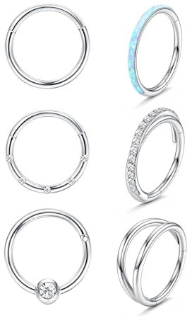 LOLIAS 6 Stück 16G Piercings Helix Silber Nasenringe Edelstahl Opel CZ Einfach Doppel Septum Clicker Lippenringe Knorpel Turm Tragus Muschel Daith Ohrringe Körper Piercing Schmuck 8/10MM