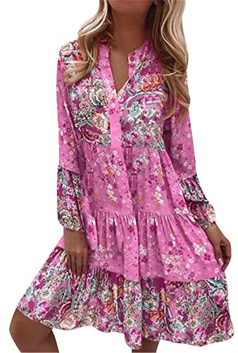 Sommerkleid Damen Knielang Elegant Boho Blumenkleid Sommerkleid Strandkleider Midi Kurz Sommer Tunika Kleider Leicht Knielang Blusenkleid Mode Freizeitkleider Tunikakleid Stufenkleid