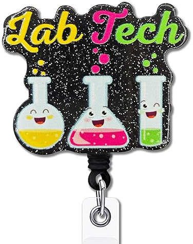 YAZMEEN Lab Tech Retractable Badge Reel with Alligator Clip Funny ID Card Badge Holder Cute Lab Beaker Badge Funny Black Glitter Badge Reel Gift for Medical Laboratory Science Scientist Nurse Doctor