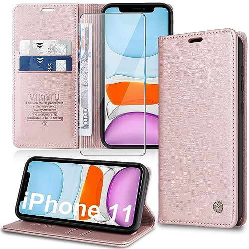 Migexxkj Handyhülle für iPhone 11 Hülle [mit Schutzfolie][Premium PU Leder] Klapphülle Ständer Kartenfach Magnetic Flip Case Cover Etui Tasche Schutzhülle für iPhone 11 6.1“ (pink)