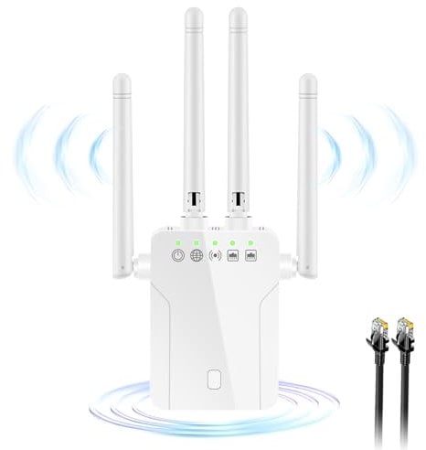 WiFi Extender Booster 1200Mbps Wireless Internet 5GHz & 2.4GHz Dual Band with Long Range High Gain 4 Antennas WiFi Repeater Fast Speed Signal Amplifier with RJ45 Cable, Access Point, WPS, 2*LAN port
