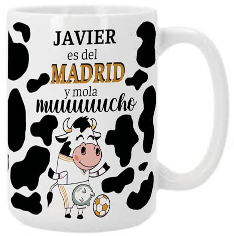 Taza personalizada con nombre para madridistas. Regalo original para fanáticos del Real Madrid. Taza de cafe o te XL. Personalizada y divertida. Regalo personalizado para amantes del futbol