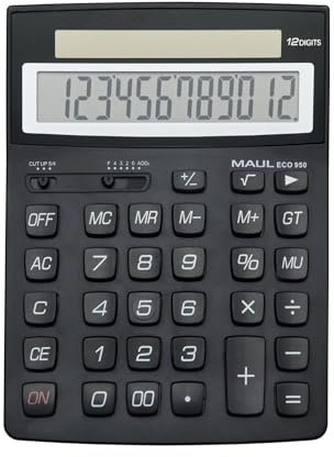 MAUL Taschenrechner ECO 950 | 21x15,5x3,3 cm (LxBxH) | Taschenrechner Solar mit 12 Stellen | Tischrechner für Büro, Schule | Taschenrechner klein aus 80% recycelter Kunststoff | Schwarz