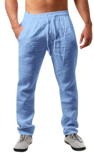 Runcati Pantalon en Lin pour Homme - Couleur Unie - Long - Léger - Coupe Ample - avec Cordon de Serrage - pour Les Vacances, la Plage, Le Quotidien, Bleu, M