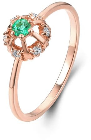 AMDXD Anello in vero oro 375 9 K, corona con smeraldo verde ovale, con zirconi, anello di fidanzamento in oro giallo Au375, Oro rosa 9 carati (375), Smeraldo