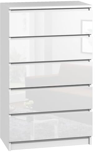 roe furniture Kommode mit 5 Schubladen - Modern Schubladenschrank - Komodenschrank - Schubladenkommode 70 cm Breit - Weiß Hochglanz