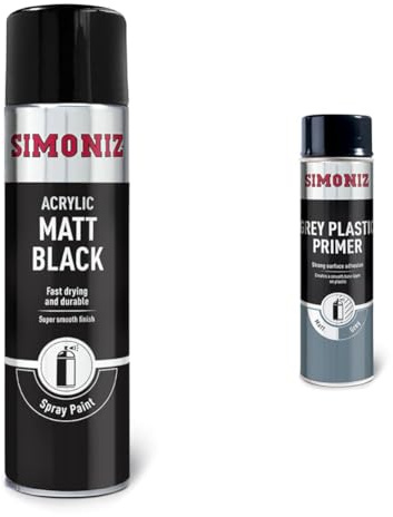 SIMONIZ Matt Black Spray Paint, Easy To Use Black Aerosol Spray Paint For Wood & Grey Plastic Primer Spray Paint, Car Primer Spray Paint For All Plastic Surfaces, Perfect Pre-treatment