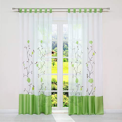 SCHOAL Transparente Gardinen mit Schlaufen Vorhang Voile Schlaufenschal Bestickt Wohnzimmer Blumen Muster BxH 140x225cm 1 Stück Grün