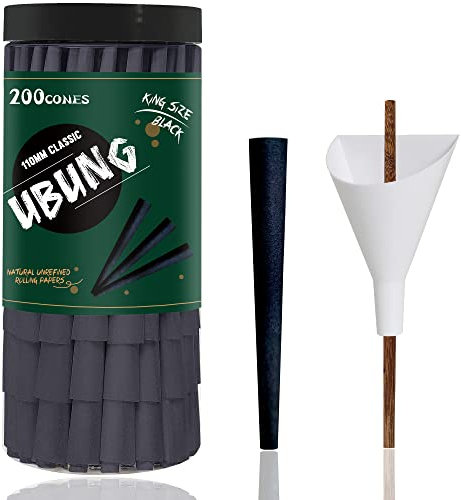 UBUNG 200 Stück Große Größe Schwarz Konisch vorgedrehte Hülsen, King Size 108 mm Konisch Papiers Hülsen, Einschließlich 1 Trichterlader und 1 Putter für Verpackungen