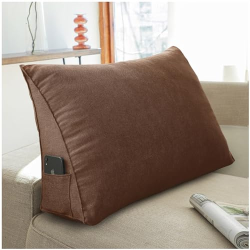 ZTGL Sleepling Rückenkissen Keilkissen für Bett und Sofa, Comfortable Lendenkissen, Dreieckiges Lesekissen, Kissen mit Abnehmbarem Waschbarem Bezug, Seitenfach,Braun,60x20x50cm