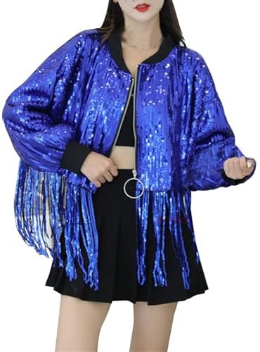 Vhersily Pailletten-Fransenjacke, Lametta-Jacke, Disco-Thema, 90Er-Jahre, Streetwear-Jacke, Glitzer-Quasten-Mantel Damen Langarm Reißverschluss Festival Party Outfits für Damen