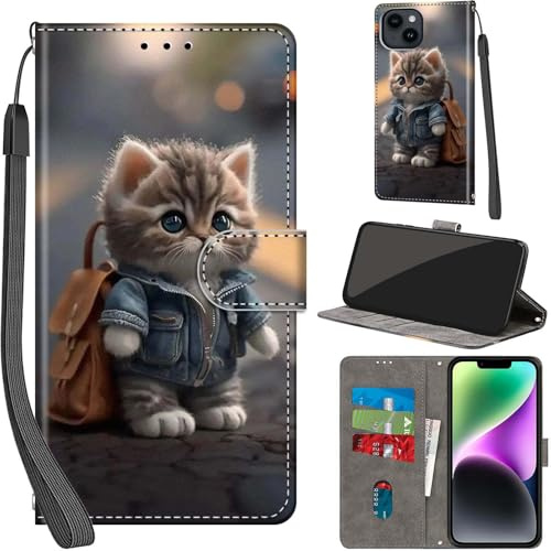 Haninsuze Case for iPhone 15 6.1-Inch, Cat | PU Leather, 3 Card Holder, Wallet Book Flip, Folio Stand View, Magnetic, Multi-Pattern Cover, Lanyard Strap