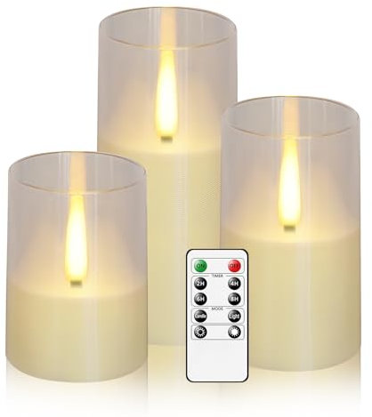 JINYANIA Flammenlose LED Kerzen, Verbesserte realistische flackernde Flammen Stumpenkerzen, Batteriebetriebene Kerzen mit Fernbedienung Timer, Acryl Kerzen Set von 3 (D 3 xH 4 5 6)（Elfenbein）