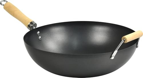 LAVV HOUSEWARES LTD Non Stick Carbon Steel Flat Bottom Stir Fry Wok with Wooden Handle (34cm, Long Handle)