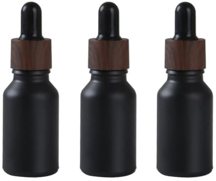 3Pcs 30ml/1oz Matte Black Glass Dropper Bottles with Plastic Wood Grain Cap Empty Refillable Boston Round Essential Oils Bottles Leak Proof Travel Bottles for DIY Cosmetic Perfumes Hair Oil