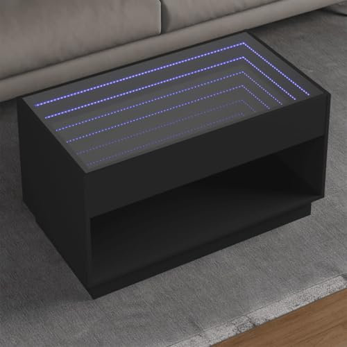 Myheimly Couchtisch, Beistelltisch mit Infinity-LED, Sofatisch Kaffeetisch für Wohnzimmer, Teetisch Wohnzimmertisch, Holzwerkstoff Glas Couchtisch Schwarz,90 x 50 x 50 cm