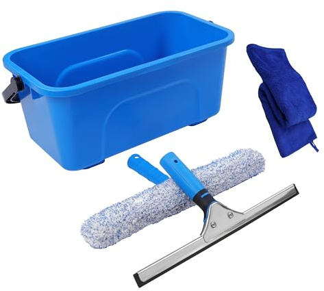 Squeegee for Window Cleaning,Window Cleaning Squeegee kit with Bucket&Microfiber Scrubber,Bathroom,Shower Doors,Mirrors,Tiles,and Car Windows Blue