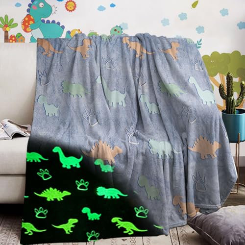 Kuscheldecke Dino 130x150,Dinosaurier Decke Glow in The Dark Flanell Sofa Decke Winter Weihnachten Geschenk für Junge (B, 130x150cm)
