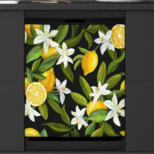 Mexpekil Magnetische Abdeckung für Geschirrspüler, Zitronenschwarz Hintergrund, magnetischer Geschirrspüler-Aufkleber, 66 x 53 cm, magnetische Abdeckung für Küche, Geschirrspüler, Kunst