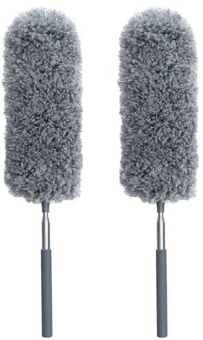 2 Pack Microfiber Feather Duster for Cleaning, Hand Washable Dusters with Extendable Pole, Cleaning Tools for Office, Car, Window, Furniture, Ceiling Fan