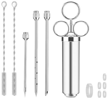 Jarcynious Fleischspritze 60ml, Edelstahl Marinadenspritze, Marinierspritze mit 3 Nadeln und 2 Reinigungsbürste, Fleischinjektor, für Marinieren von Rind, Schweinefleisch, Huhn und Gebäck