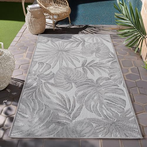 HomebyHome Outdoor Teppich Grau 80x150 cm Läufer, Wetterfest & UV-beständig, ideal für Küche, Balkon, Terrasse auch Wohnzimmer und Esszimmer, Palmblätter-Design, Leicht zu Reinigen