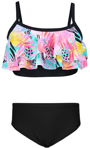 Aquarti Mädchen Bikini Set Bustier Bikinislip Zweiteiliger Badeanzug, Farbe: 030I mit Rüschen/Blätter/Rose/Gelb/Schwarz, Größe: 116