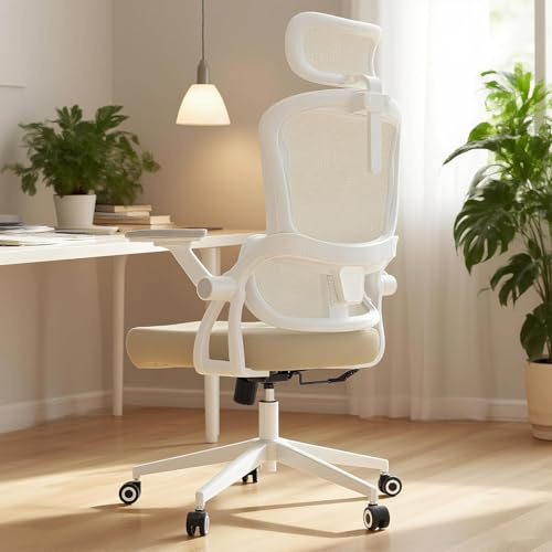 Monhey Bürostuhl Ergonomisch mit Lordosenstütze, 136 kg, Kopfstütze, Beige | Für Homeoffice & Büro, atmungsaktives Netzgewebe, 90-135° Wippfunktion, klappbare Armlehnen, für 163-183 cm