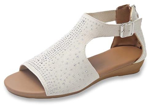 Générique Tacchi Taglia 7 Large Sandali estivi comodi con punta aperta e cerniera per donna Stivali al ginocchio neri per Mollet Large, beige, 37 EU