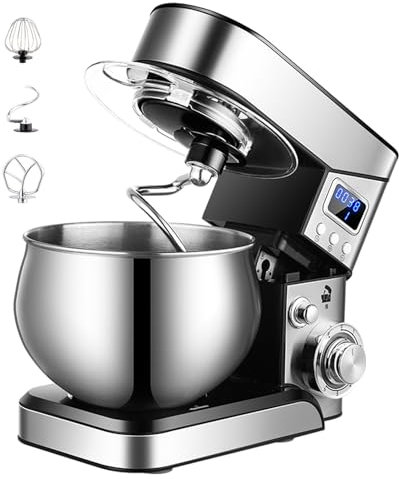 WUDLi Impastatrice elettrica da Cucina, impastatrice a Testa inclinata a 6 velocità da 600W con Ciotola in Acciaio Inox da 5L, Gancio per L'Impasto, Frusta Piatta, frullino e Coperchio Anti-Schizzi
