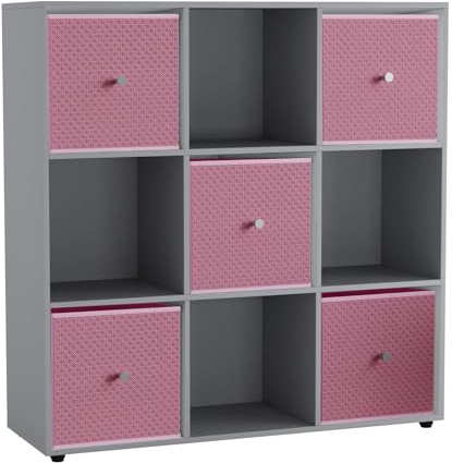 URBNLIVING 9 Cube Storage Unit with 5 Foldable Fabric Drawers, Wooden Freestanding Bookcase Shelf Organiser, Modern Cube Shelving for Bedroom, Office, Living Room, Toys, Clothes & Books