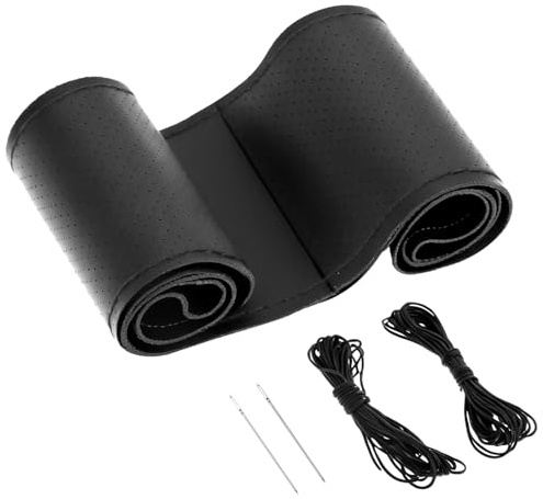 QWORK® Echtes Leder Lenkradbezug, mit Nadel und Faden und Atmungsaktiv, Universal für 37-39 cm Lenkräder - Schwarz