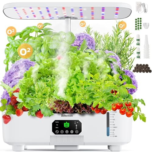 Zekeson Kit de système de Culture hydroponique avec 15 dosettes pour Plantes aromatiques d'intérieur avec écran Tactile LCD et Grand réservoir de 6 L pour Herbes/légumes/Fleurs/Fruits, pour démarreur