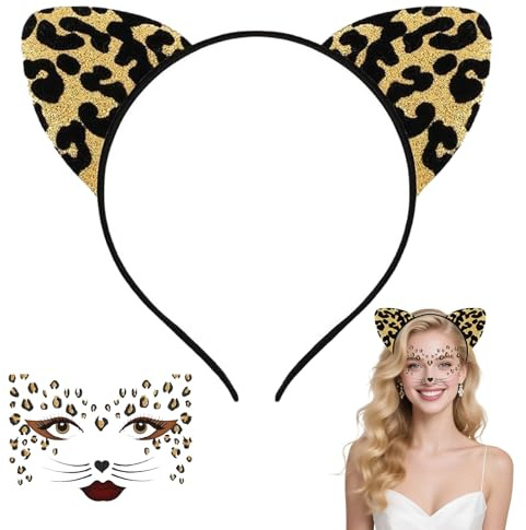 KOMEIYL Leopard Ohren Haarreif, Mädchen Leopard Hairband con Gesichtstattoo, Katzenohren Leopard, Gilt für Weihnachten Themenpartys Rollenspiele und Cosplay Accessoires