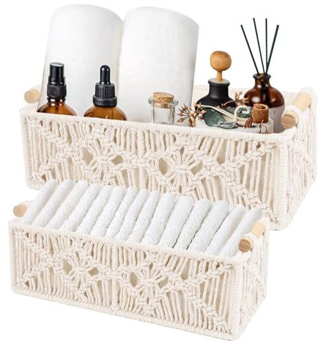 2 Stück Makramee Aufbewahrungskörbe Boho, Aufbewahrungskorb Geflochten, Badezimmer Aufbewahrung Korb aus Baumwollseil mit Holzgriff, Boho Deko Regalkörbe Deko Korb Klopapier Aufbewahrung Bad (Weiß)