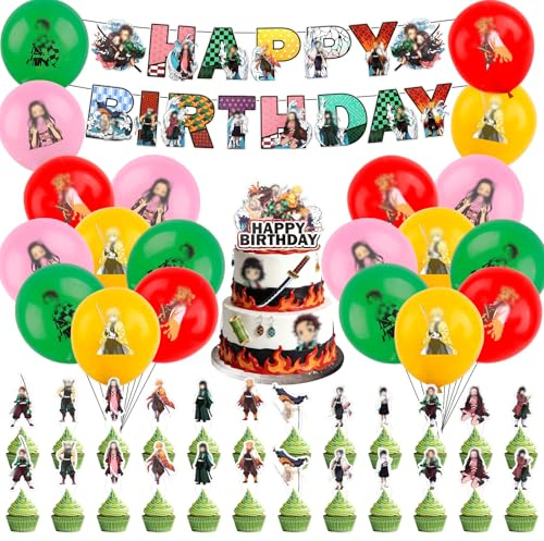 Slayer Birthday Decorations for Boys Girls, Cake Toppers Party Decorations Birthday Latex Balloons Cake Decorations Happy Birthday Banner Party Supplies for Kids Birthday Theme Decoration