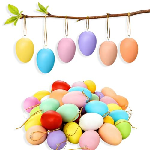 24Pcs Easter Hanging Eggs Decoration, Easter Egg Decorations for Tree, Easters Tree Hanging Plastic Ornaments Solid Colorful Easters Eggs for DIY Crafts Home Party Decors (24)