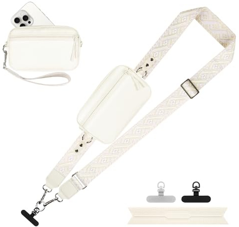 YFWE Handy-Gurt mit Geldbörse Crossbody | Abnehmbare RFID Blocking Armband Geldbörse | Universal Handy Lanyard mit 360° Drehbaren Clips für alle Smartphones (Cremeweiß Musterband - L)