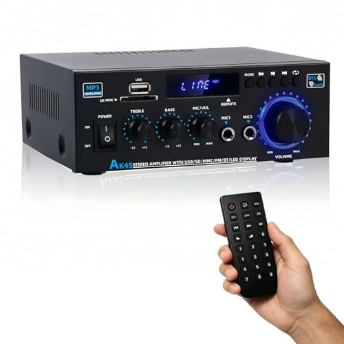 AK45 HiFi Bluetooth Verstärker Mini Stereo Audio Receiver 2.0 Kanal Endverstärker Soundverstärker mit UKW-Radio, SD-/USB-Karteneingang, Karaoke Mikrofon, Bass- & Höhenregler, für Zuhause, Auto, Party