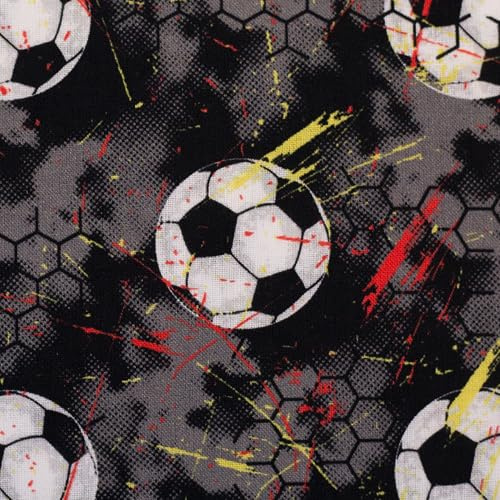 MAGAM-Stoffe Fussball Kinder Baumwollstoff ÖKO-TEX Meterware ab 50cm (Gelb rot schwarz)