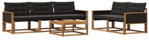 vidaXL Outdoor-Sofagarnitur mit Kissen 6 pcs Natürlich und Schwarz, Garten-Sofa, modernes Ecksofa, Robustes Loungemöbel, stilvolle Terrasse, Bequeme Sitzgruppe