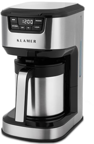 KLAMER Kaffeemaschine mit Startzeitvorwahl, morgens ist der Kaffee fertig | Die doppelwandige Thermoskanne hält den Inhalt warm, mit 1,25 L für bis zu 10 Tassen, Tropf-Stopp und herausnehmbarem Filter