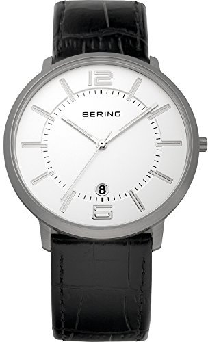 BERING Men's Quartz Watch, 39 mm Silver Stainless-Steel Case and White Dial, Calfskin Strap, Sapphire Crystal, 5 ATM, 11139-000