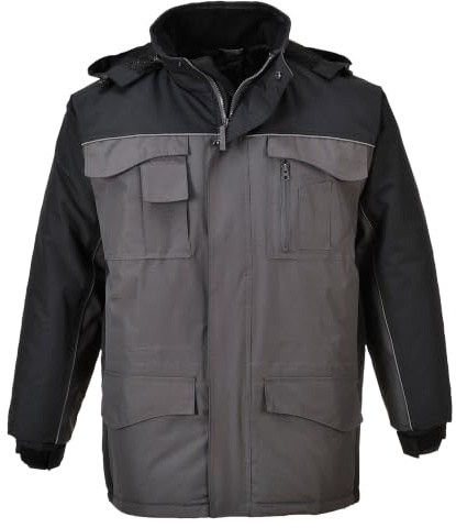 Portwest S562 Ripstop Winter Jacket Multi Pocket Long Sleeve Waterproof | Black/Grey, X Small, EN 343 Class 3:1, Straight Fit, Hook and Loop Cuffs, Thermal Insulation, Quilt Lined, Reflective Piping
