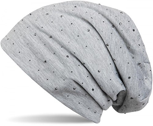 styleBREAKER Damen Beanie Mütze mit edler Strass-Nieten Applikation, Longbeanie Slouch 04024037, Farbe:Hellgrau meliert