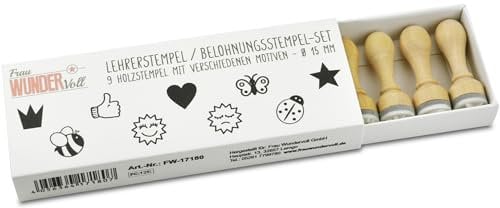 Frau WUNDERVoll® 9 LEHRERSTEMPEL aus Holz, Durchmesser: 1,5 cm/Ministempel Motivstempel Textstempel Gummi Holz Gummistempel Stempel Gastgeschenk Stempel Hochzeit Dekostempel